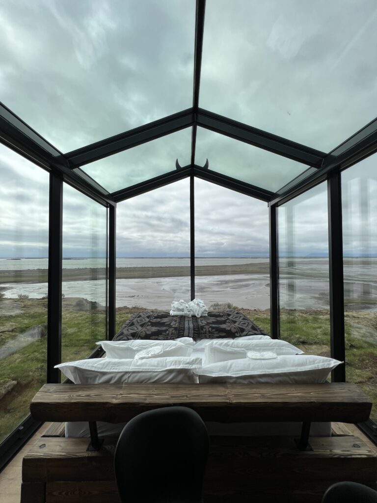 Panorama Glass Lodge in Iceland. A glass lodge that is perfect for viewing northern lights or midnight sun