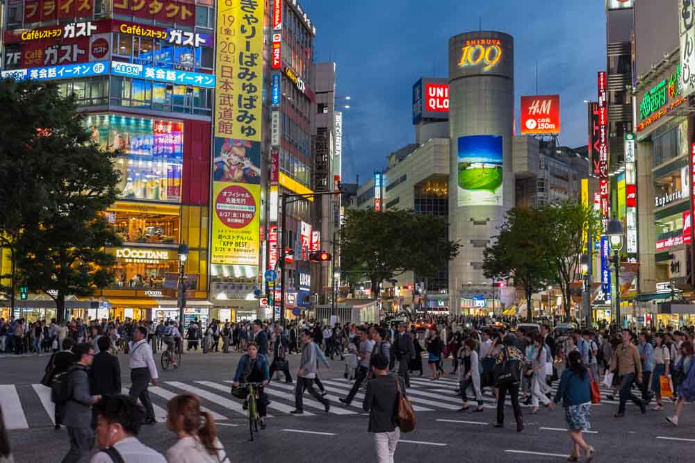 The scramble crossing in Shibuya with the famous Shibuya 109 in the distance