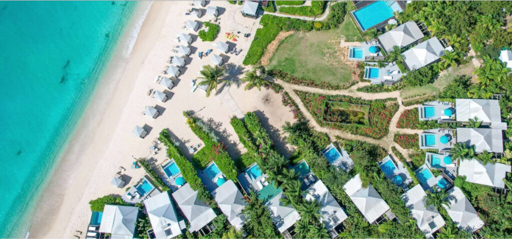 Aerial view of the cottages at Keyonna Beach Resort. 